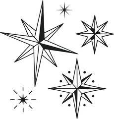 Fototapeta premium Starburst and Compass Star Vector Set Black and White Illustration