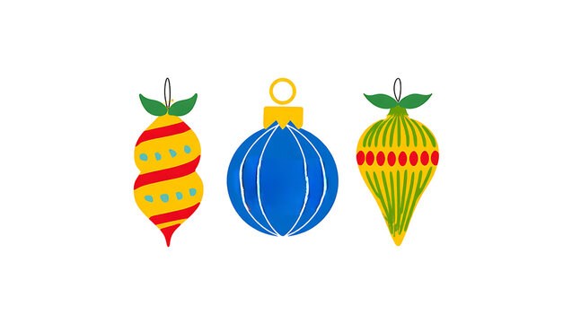 christmas, background, vector, illustration, holiday, celebration,, Three christmas ornaments in different shapes and colors isolated on a white background design element