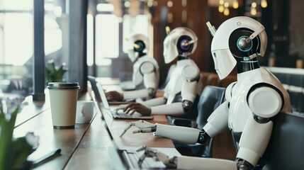 Robots working together at a long table in a well lit open space.