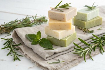 Stacked Square Soap Bars on Linen with Greenery on white background