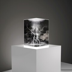 Lightning storm trapped inside a clear cube sits on a white pedestal.
