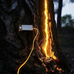 Electrical cable powers bright energy on an old, textured tree trunk.