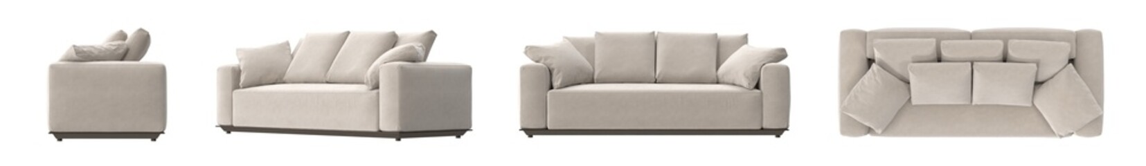 beige fabric loveseat with thick armrest and back pillows multiple view isolated.