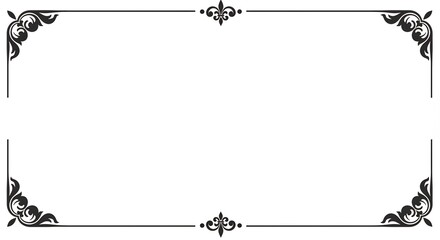 Classic black rectangular frame featuring ornate floral scrollwork corners and central fleur-de-lis accents. Symmetrical vintage border ideal for formal invitations, certificates, and elegant designs.