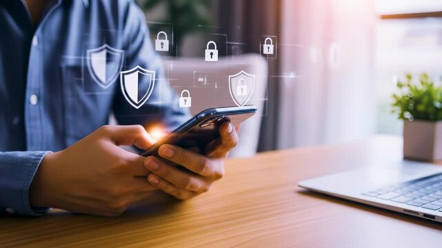 Businessman hands using a smartphone, surrounded by security shields and padlock icons, representing secure online banking and mobile data protection. - Powered by Adobe