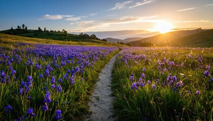 Fototapeta premium Vibrant Pathway Through Field of Wild Irises Under Sunset Sky