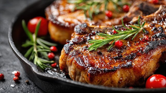 Juicy grilled pork chops seasoned with fresh rosemary and pink peppercorns sizzle in a cast iron skillet ready to be served for a delicious meal. - Powered by Adobe