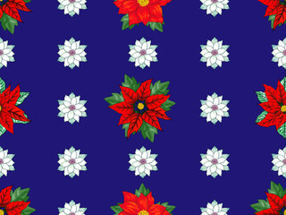 Pattern of red and white poinsettia flowers with green leaves on a dark blue background, creating a festive, holiday-themed design.