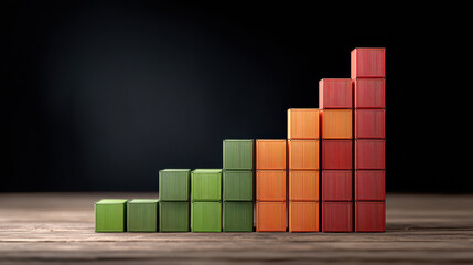 Colorful stacked boxes forming rising bar chart wooden surface