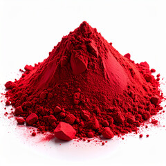 Heap of bright red powder isolated on white background. Make up eye shadow, cosmetic product.
