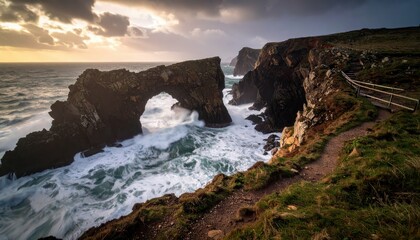 Fototapeta premium Rugged Coastal Path with Dramatic Rock Arches and Powerful Waves