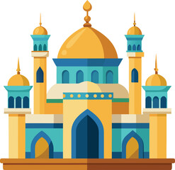 Colorful flat vector illustration of an islamic mosque building with turquoise and gold details