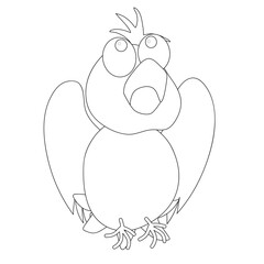 Funny bird sitting with a pensive expression, folded wings, closed mouth and big eyes staring up. Black and white. Cartoon vector illustration coloring book, print, activity book.
