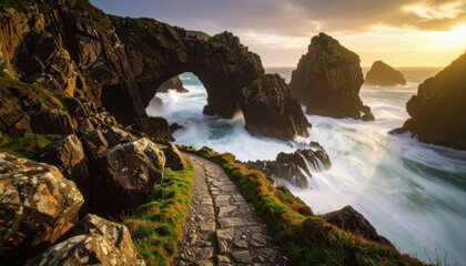 Rugged Coastal Path with Dramatic Rock Arches and Crashing Waves