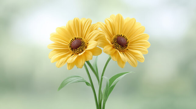 Bright yellow flowers with green leaves on soft background