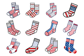 Set of american flag color socks, winter socks vector illustration on white background.