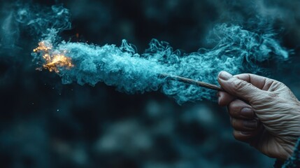Aged hand holds smoldering stick, blue smoke swirls