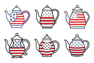 Set of american flag color teapot, kettle vector illustration on white background.