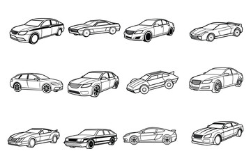 Set of high speed modern car, sport car line art vector illustration on white background.