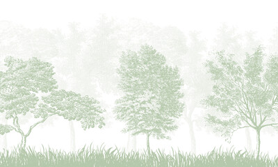 Subtle Nature Wall Mural: Faded Green Trees & Abstract Forest Background © csinie1