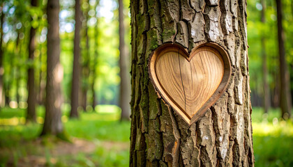 Heart carved in trunk of tree in the woods. Beautiful nature. Love and romantic.