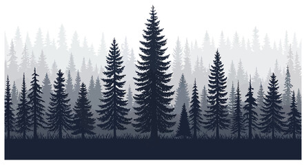 Obraz premium Majestic Silhouette of Pine Trees in a Serene Foggy Forest