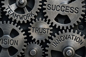 Metal gear mechanism with teamwork, success, and trust business concepts