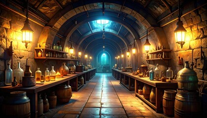 Fototapeta premium Mysterious Underground Pathway to Hidden Laboratory with Strange Equipment