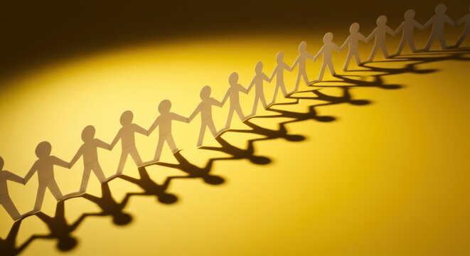 United paper cutout figures cast shadows that symbolize global connection - Powered by Adobe