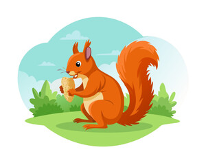 Cute red squirrel, sciurus vulgaris, eating a nut in green spring forest