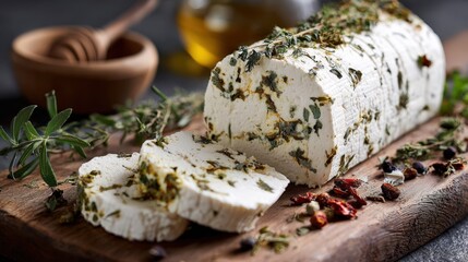Delicious Herb Crusted Cheese Log Sliced on Rustic Wooden Board
