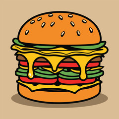 Colorful vector illustration of a classic cheeseburger with solid colors, including bun, cheese, patty, lettuce, and tomato. Perfect for National Cheeseburger Day promotions and social media.
