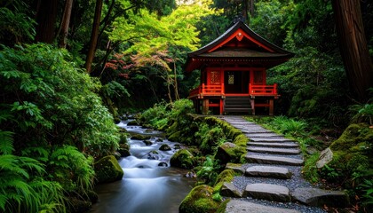 Serene Pathway Leading to a Secluded Shrine by a Mountain Stream