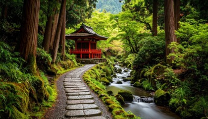 Serene Pathway to a Secluded Shrine by a Mountain Stream