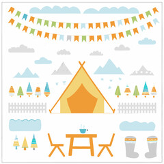 Glamping Tent Outdoor Scene – Cute Colorful Camping Vector EPS Illustration