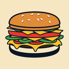 Colorful vector illustration of a classic cheeseburger with solid colors, including bun, cheese, patty, lettuce, and tomato. Perfect for National Cheeseburger Day promotions and social media.