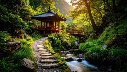 Serene Pathway to a Secluded Shrine by a Peaceful Mountain Stream