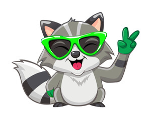Funny raccoon in green sunglasses showing a rock gesture isolated on white background