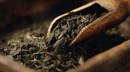 Aromatic Dried Green Tea Leaves in Wooden Scoop and Box High Quality Close Up Photo