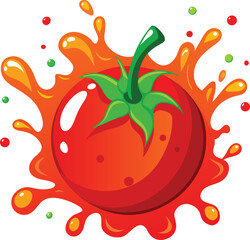 Fresh red tomato exploding with juice in a cartoonish style for food related designs