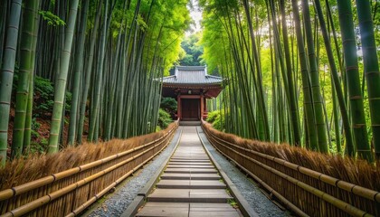 Fototapeta premium Serene Pathway Leading to Secluded Temple in Bamboo Forest