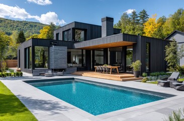 Fototapeta premium A modern house with black brick walls, located in the Netherlands. It features large windows and an outdoor dining area with garden chairs and a table