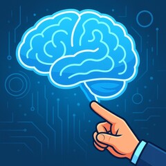 Digital Brain Hand Interacting with Glowing Neon Human Brain Illustration AI Concept