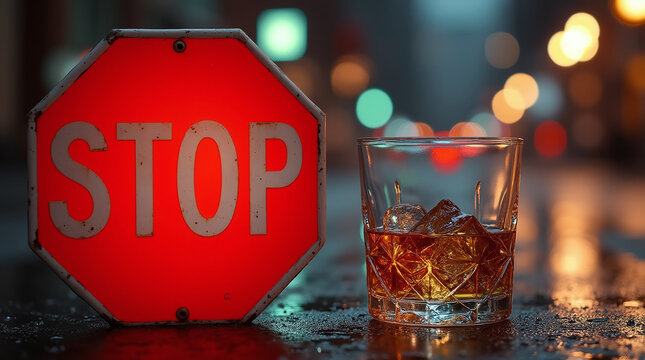 Glass of alcohol beside a stop sign, symbolizing the decision to stop drinking. 