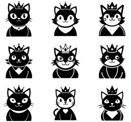 Royal Cat with Crown Logo Set - King & Queen Feline Vector Icon & Clipart