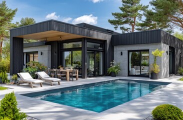 Fototapeta premium A modern house with an exterior made of dark gray horizontal cladding and white window frames, set in the countryside