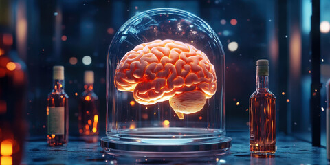Glowing brain protected under glass dome surrounded by liquor bottles symbolizing the dangers of alcohol on mental health