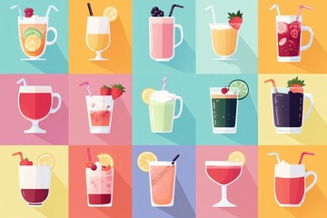 Flat illustration of assorted non-alcoholic drinks in glasses with fruits, straws and colorful backgrounds in a modern grid layout