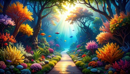 Fototapeta premium Vibrant Pathway Through an Underwater Garden of Coral and Sea Life
