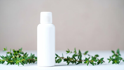 White bottle surrounded by green herbs against a neutral background.